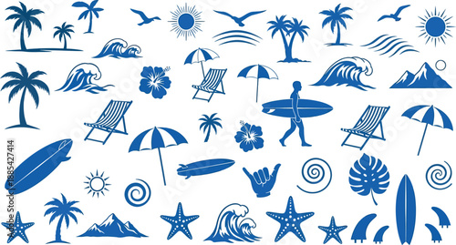 A vibrant collection of blue summer beach and tropical vacation elements, including palm trees, waves, surfboards, and beach accessories.
