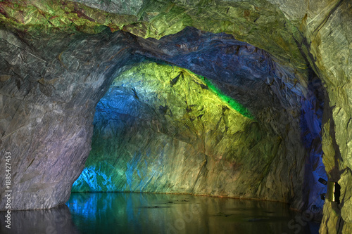 Marble cave lighting in Ruskeala Mountain Park, Karelia, Russia