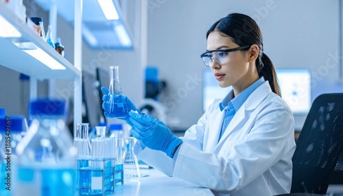 Scientist in lab coat and goggles conducting chemical experiment with blue liquids in sterile laboratory setting.