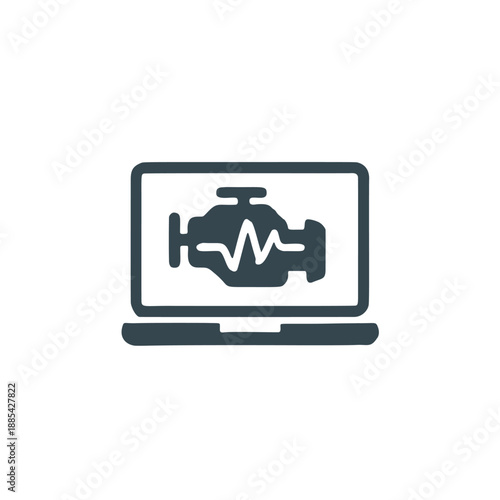 A minimalist outline illustration of an engine diagnostic symbol displayed on a laptop screen. This automotive icon represents vehicle diagnostics, engine repair, and car maintenance