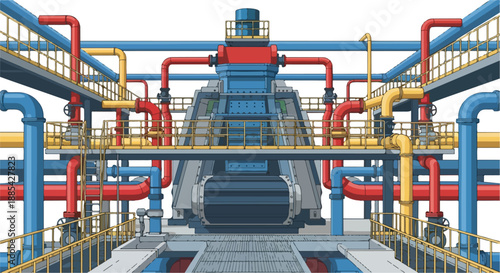 Industrial facility with colorful pipes and machinery in operation inside