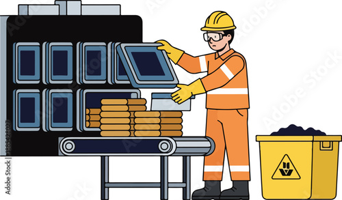 Industrial worker handling solar panels on a production line with a disposal bin