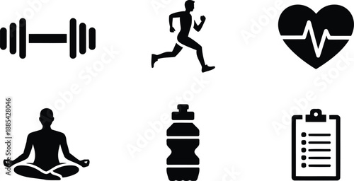 Essential black glyphs representing a complete regimen for physical health and mental balance on white