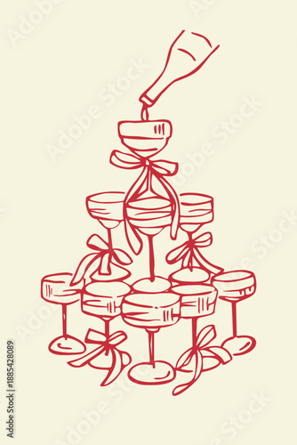 Festive glass drink with bows. Wedding hand drawn doodle sketch. Coquette cocktails with ribbon bow