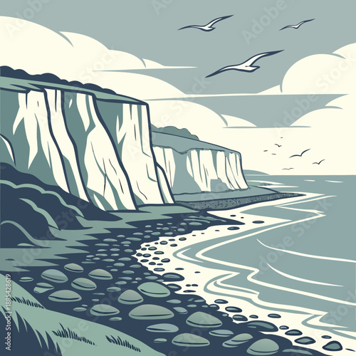 Coastal Cliff Scene with Depth Layered Vector Art