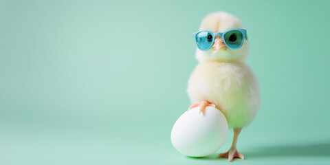 happy easter concept holiday greeting card - Cool cute chick with sunglasses and easter egg, isolated on turquoise background