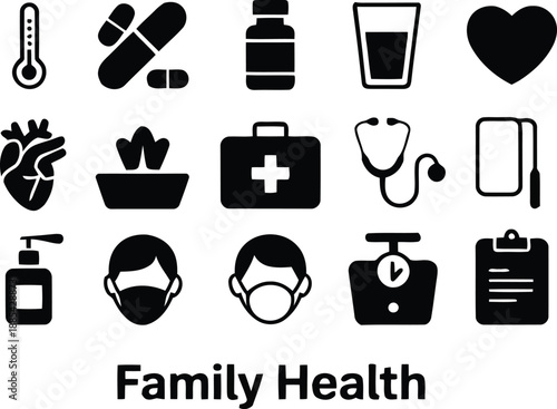 Essential family health and medical icons including a thermometer, pills, heart, mask, and first aid kit