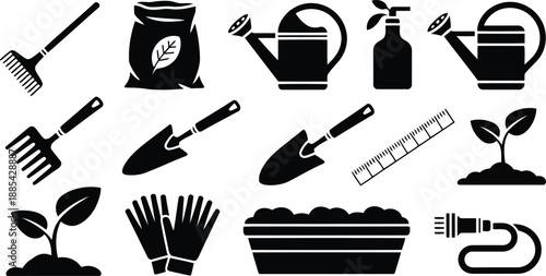 Essential gardening tools and young plants in silhouette form on a clean white background for horticulture projects