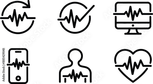 Essential health and medical technology icons showing heartbeat patterns and vital sign monitoring