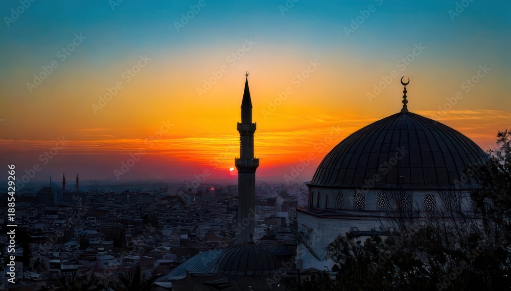 Fototapeta premium Majestic Mosque Silhouette at Sunset - A Spiritual Landscape.