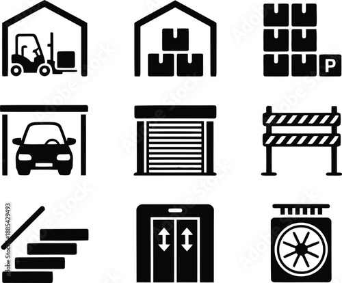 Essential symbols for logistic operations and urban infrastructure showcasing warehousing, parking, and access points