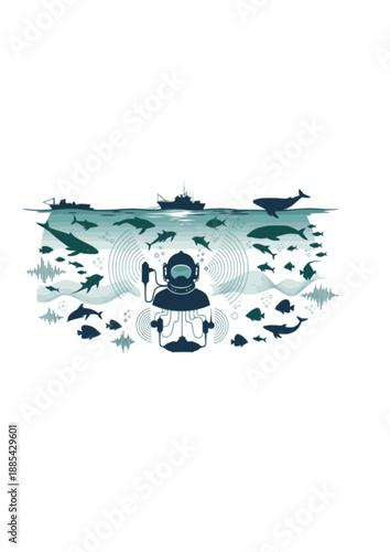 Marine Bio-Acoustics Research Silhouette, Deep Sea Soundscape and Ocean Conservation, Sensory Wellness and Nature Connection Vector