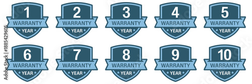 Set of 10 warranty icons, shield badges dark blue with light blue banner, “WARRANTY” text in white, organized in two rows five