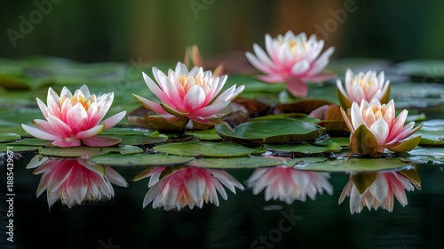 Delicate water lilies float on calm, reflective water, their serene forms mirrored perfectly on the surface, creating a peaceful and tranquil scene

