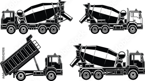 Heavy Duty Construction Vehicle Vector Set Featuring Concrete Mixer Trucks and Dump Truck Silhouettes for Industrial Building Site Logistics and Professional Engineering Project Design