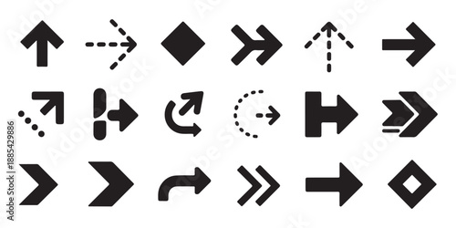 Variety of stylized black arrows including dashed lines and solid shapes for graphic design