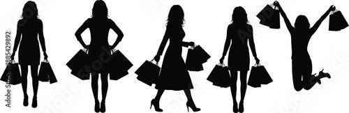 Set of Fashionable Woman Shopping Silhouettes Carrying Paper Bags and Jumping for Joy for Retail Marketing Sales Promotions Commercial Advertising and Lifestyle Graphics