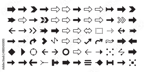 Collection of black arrow icons on white background, direction, navigation and ui elements