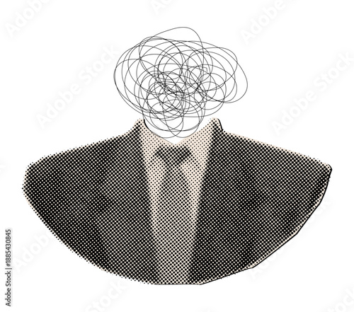 Halftone Suit with Scribble Head ,Symbolic Illustration of Mental Chaos and Identity Loss