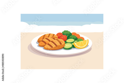Flat vector illustration of plate of grilled chicken with vegetables and lemon wedge style clean 2D shapes no outlines minimal details matte colors layered depth gentle atmospheric haze