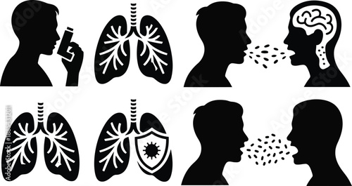 Human health and respiratory illness icons including inhaler use, lungs, and coughing individuals
