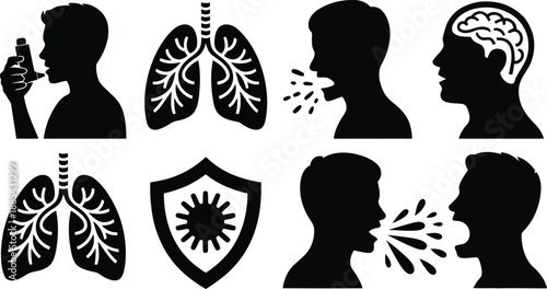 Icons showing human health conditions, including lung anatomy, inhaler use, and illness symptoms