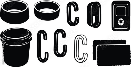 Black and white illustration of various office supplies icons
