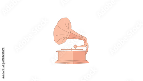 Vintage gramophone with a large horn speaker and wooden base illustration.