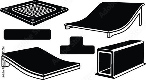 Black and white illustration of skateboard ramp components set