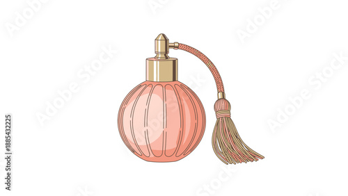 Vintage pink perfume bottle with tassel atomizer on white background.