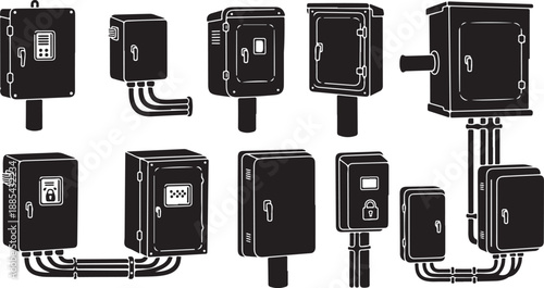 Electricity distribution boxes and wiring systems illustration set