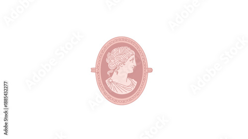 Vintage cameo brooch featuring a classical female profile in soft pink and white tones.