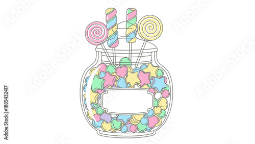 Colorful candy jar filled with various sweets and lollipops.