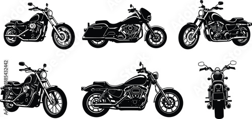 Black Motorcycle Silhouettes Set Featuring Classic Choppers Cruisers and Touring Bikes for Biker Club Logos Custom Garage Decals and Transportation Graphics (20 words)