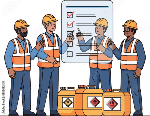 Four construction workers discuss safety procedures near hazardous material containers