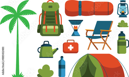 Camping and Outdoor Adventure Equipment Set  Tent, Backpack, Sleeping Bag, Campfire