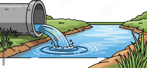 Water flows from large pipe into serene stream with lush grassy banks