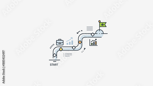 Illustration of a business process flow with milestones and progress indicators.