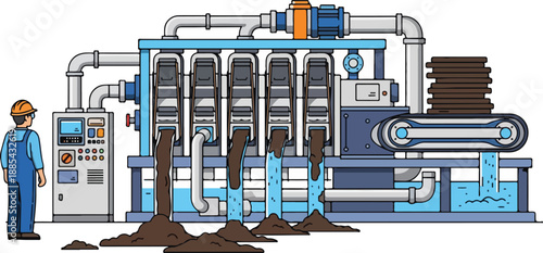 Industrial worker operates large machine processing brown material outdoors