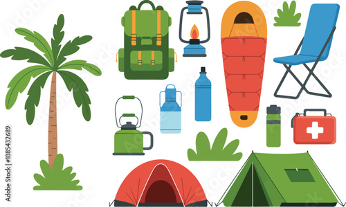 Camping and Outdoor Adventure Equipment Set  Tent, Backpack, Sleeping Bag, Campfire