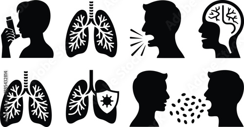 Medical silhouette icons representing respiratory health, symptoms of illness, and protective measures