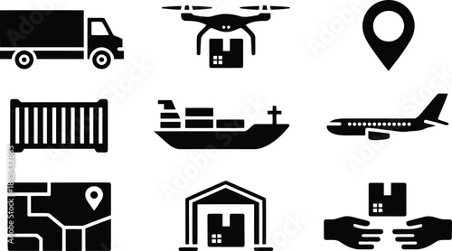 Modern graphic symbols representing efficient logistics, package handling, and global distribution solutions