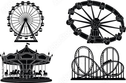 Black silhouette set of amusement park rides including ferris wheel roller coaster and carousel isolated on white background for vector