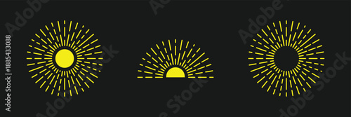 Set of black and white geometric sunburst vector icons with radial rays for boho logo design and ornamental decoration. Vintage starburst set. Sunburst shapes, bursting sun rays, sunrise, sunshine