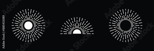 Boho sunburst in different shapes. Explosion, firework, sparks, shine, twinkle, sun rays. Trendy bursting rays design elements. Vector illustration. Vintage golden sunburst, sunset beams collection.