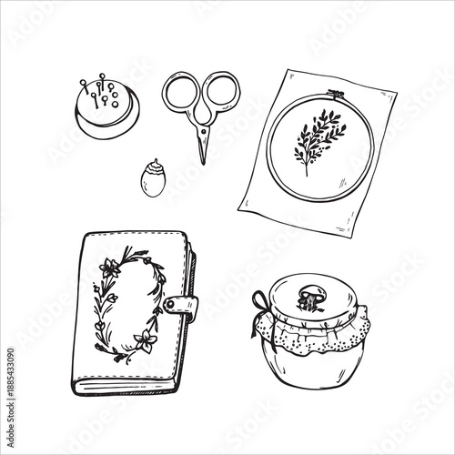 Cottage core element, embroidery items, note 