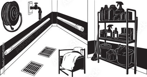 Cleaning supplies and tools in a bathroom setting illustration
