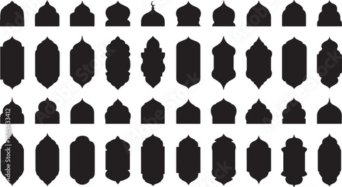 Large collection of black Islamic silhouette frames with mosque domes arches and arabesque patterns vector set