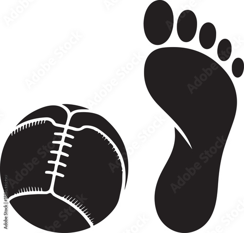 Black Footprint and Sports Ball Silhouette on white Background