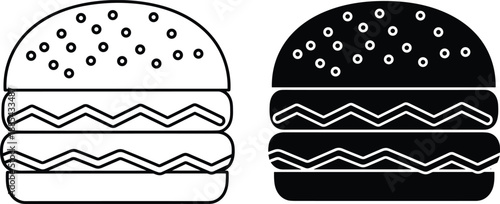 Burger Icon Set Vector Illustration with Line Art and Solid Black Silhouette Style for Fast Food Menu and Restaurant Branding